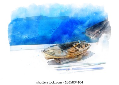 Blue Sea, Mountains, Wooden Boat And Oars On The Seashore. Watercolor Illustration