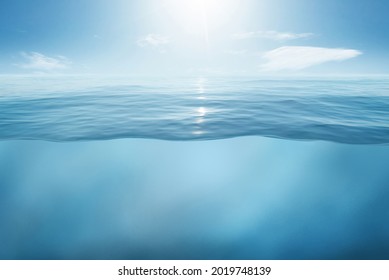 Blue sea or ocean water surface and underwater with sunny and cloudy sky. 3d illustration - Shutterstock ID 2019748139