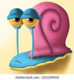 A Blue Sea Snail With A Pink Shell And Tired Eyes On The Sand Background.