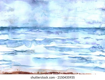 Blue sea water background watercolor illustration