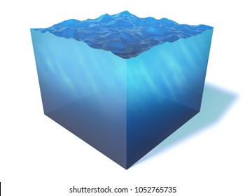 Blue Sea Water Cube Section Isolated On White Background. Miniature Isometric Aqua Landscape. 3D Illustration.