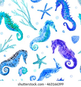 blue seahorse, shell, starfish, coral and bubbles seamless pattern.underwater world image on a white background.watercolor hand drawn illustration.