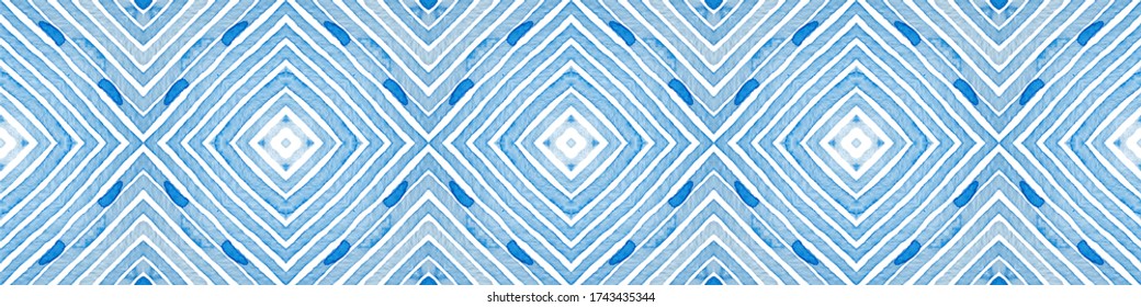 Blue Seamless Border Scroll. Geometric Watercolor Frame. Admirable Seamless Pattern. Medallion Repeated Tile. Optimal Chevron Ribbon Ornament.