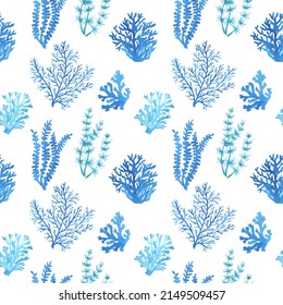 Blue seamless pattern with a underwater life objects, sea plants - illustrations of tropical aquarium seaweed. Marine aquarium flora design. Hand drawn watercolor painting on white background.