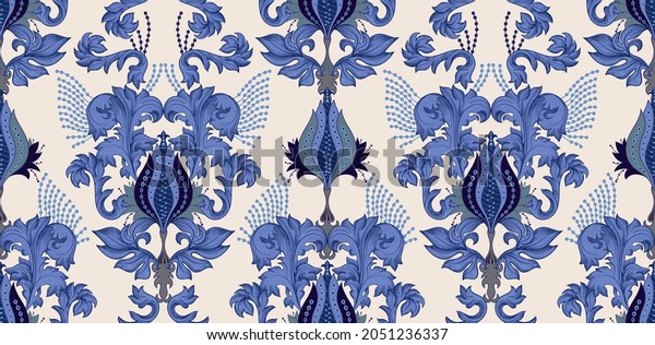 Blue seamless wallpaper damask pattern. Illustration clipart. Rococo pattern. Damask ornament decor. Blue Baroque background textures. Royal victorian trendy design. Damask backdrop
