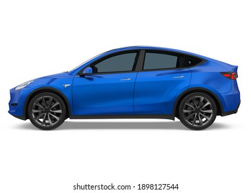 Blue Sedan Car Isolated (side View). 3D Rendering