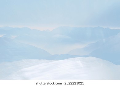 Blue serene mountain landscape with misty mountains background. Blue misty mountain layer background. Surreal and dreamlike scene background. Abstract modern background design. - Powered by Shutterstock