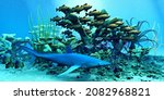 Blue Shark and Rockfish 3d illustration - A school of Bocaccio Rockfish swim through a reef and keep a wary eye on a blue shark.