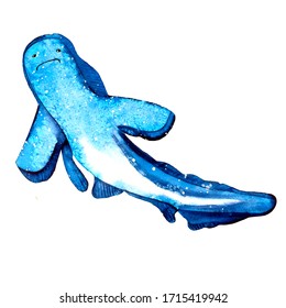 Blue shark  watercolor hand drawn illustration  Summer mood  sea  ocean  Sea   ocean creatures in blue tones  For the design invitations  children's albums  textiles  thieves  scrapbooking 