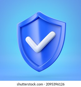 Blue Shield Icon With Check Mark Badge On Color Background. Web And Mibile App Privacy Protection, Internet Security And Safety Concept. 3D Illustration