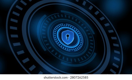 Blue shield icon with keyhole inside concentric circles on black