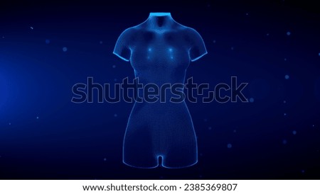 Blue Shine Front View 3d Human Female Torso Wireframe Hologram With Light Flare Glitter Particles