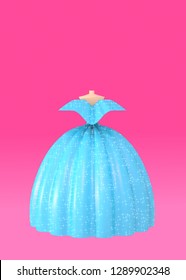 Blue shiny fluffy ball dress pink background 3D illustration  Concept modeling luxury dresses for special events as prom wedding beauty contests differrent awards   ceremonies  Copy space