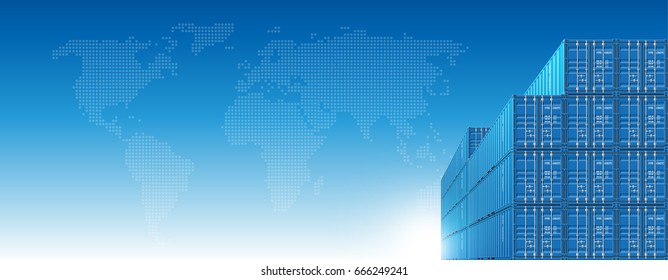 Blue Shipping Cargo Containers For Logistics And Transportation On Sky Background With World Map