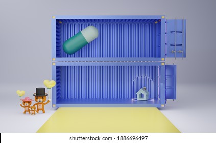 Blue Shipping Container With Podium And Teddy Bear In Gray Composition For Modern Stage Display And Minimalist Mockup, Concept 3d Illustration Or 3d Render