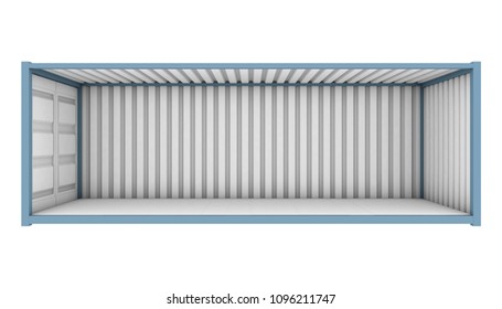 A blue shipping container with the whole side panel removed revealing an empty interior on an isolated white background - 3D render