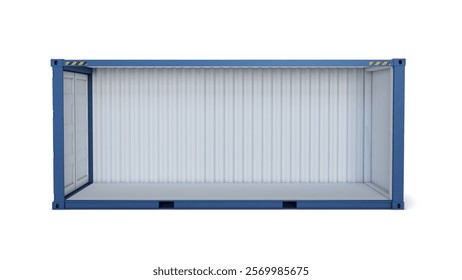 Blue shipping container without side wall. Side view of container isolated on white background. Mock up for packaging goods and storage solutions. 3D illustration
