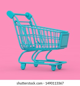 Blue Shopping Cart Trolley Mock Up Duotone on a pink background. 3d Rendering