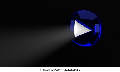 The Blue Sign Of The Play Button From The Center Of Which A Beam Of Light Comes Out. Music And Digital Audio Concept On Black Background. 3D Rendering Illustration