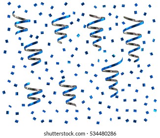 Blue And Silver Confetti Streamers 3d Rendering On White Background