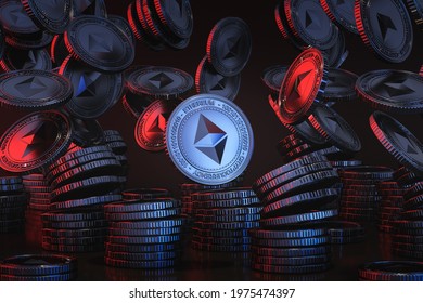 Blue Silver Ethereum (ETH) Coins Falling From Above In The Black Scene, Mockup Digital Currency Coin For Financial, Token Exchange Promoting, Advertising Purpose. 3d Rendering