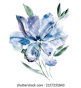 Blue Single Flower. Watercolor Gentle Flower Painting.  Drawing Flower Bud. Floral Decor. 