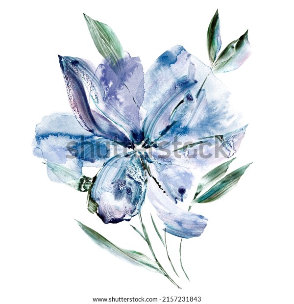 Blue single flower. Watercolor gentle
flower painting.  Drawing flower bud. Floral decor.

