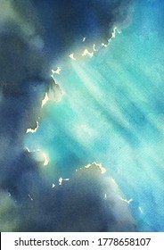 Blue sky and cloud, Sunlight shining through the clouds, watercolor painting illustration.