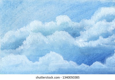 Blue Sky Cloud Water Color Painting Art For Postcard Background.