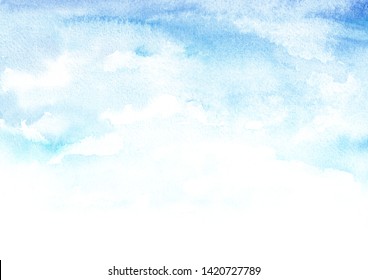 Blue Sky With Clouds, Watercolor Hand Drawn Illustration