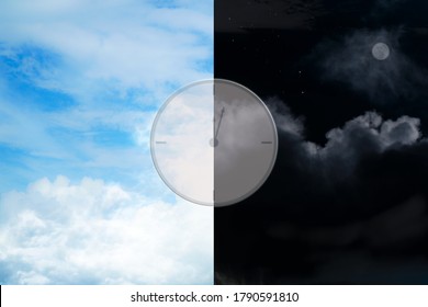 Blue Sky, Cloudy In The Afternoon And Blurred Night Time In The Evening With Analog Clock. Cycle Of The Day Am., Pm. Copy Space.