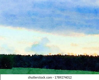 Blue Sky Over Green Field And Dark Forest Watercolor Painting Illustration