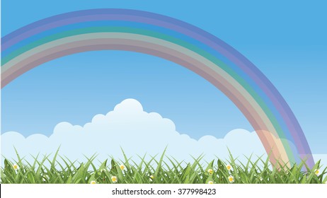 Blue sky, rainbow and grass background in 16/9 aspect ratio. 