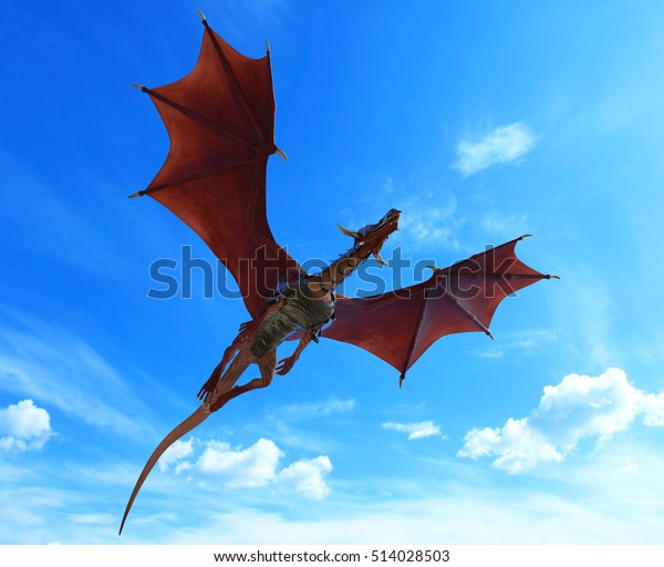 blue sky\
red dragon war flying out 3d\
illustration