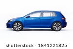 Blue small family car hatchback on white background. 3d rendering.