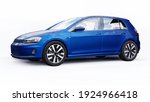 Blue small family car hatchback on white background. 3d rendering