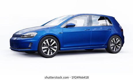 Blue small family car hatchback on white background. 3d rendering