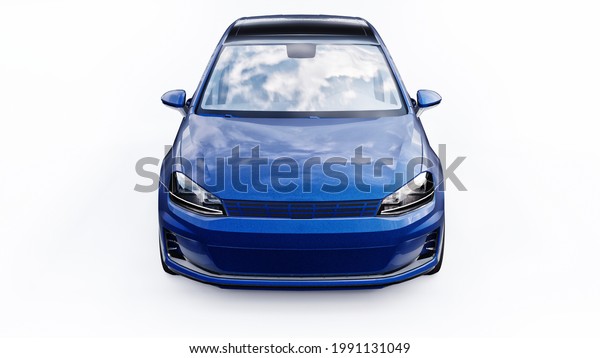 Blue small family car hatchback on white\
background. 3d\
rendering