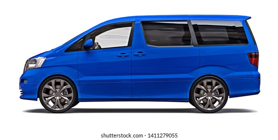 Blue small minivan for transportation of people. Three-dimensional illustration on a glossy gray background. 3d rendering. - Shutterstock ID 1411279055