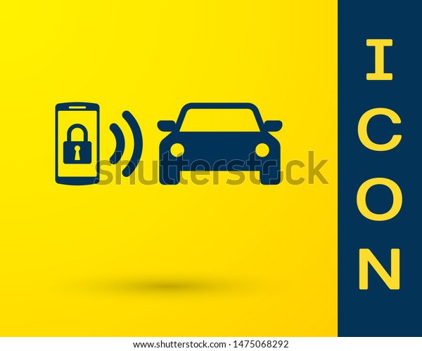 Blue\
Smart car alarm system icon isolated on yellow background. The\
smartphone controls the car security on the\
wireless