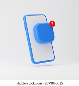 Blue Smartphone With Blank Screen And Blank App Icon With One Notification Sign Isolated Over White Background. Mockup Template. 3d Rendering.