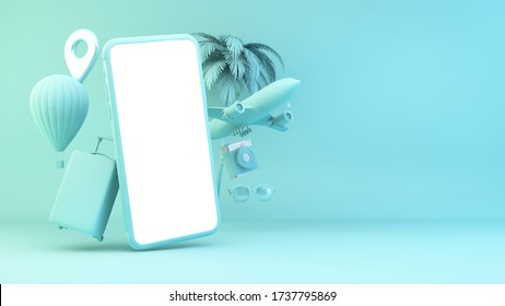 Blue Smartphone With Travel Objects Concept 3d Rendering