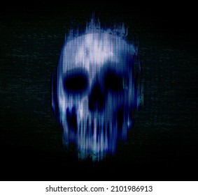 Blue Smeared Skull Isolated On Black Background In The Style Of Old Fashioned TV Sets And Vintage VHS Screen.