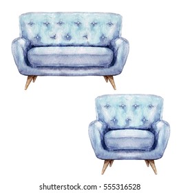 Blue Sofa And Armchair - Watercolor Illustration.