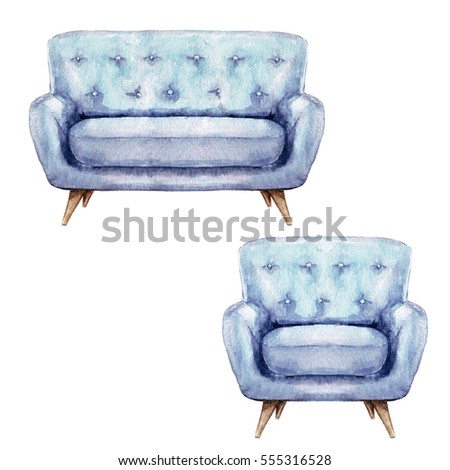 Blue Sofa and Armchair - Watercolor Illustration.