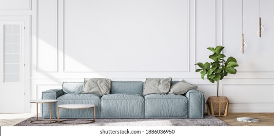 Blue Sofa In Contemporary Living Room, Minimal Design With Empty White Wall, 3d Render, 3d Illustration