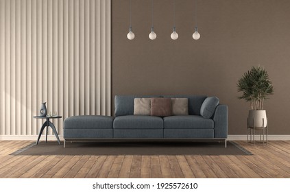 Blue sofa in a modern living room against gypsum panel and brown wall - 3d rendering