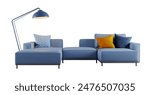 Blue sofa with pillows and floor lamp isolated.3d rendering