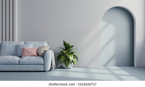 Blue sofa with plant on white wall and blue flooring.3d rendering Ilustração Stock