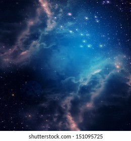 Blue Space Background With Clouds And Stars.